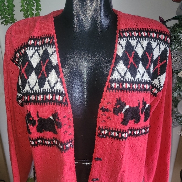 Northern Traditions Red and Black Argyle & Dog Knit Sweater S - Picture 2 of 9